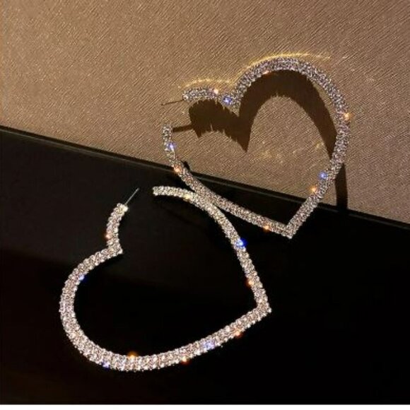 Silver Crystal Rhinestone Big Heart Fashion Statement Hoop Earrings - Picture 4 of 9